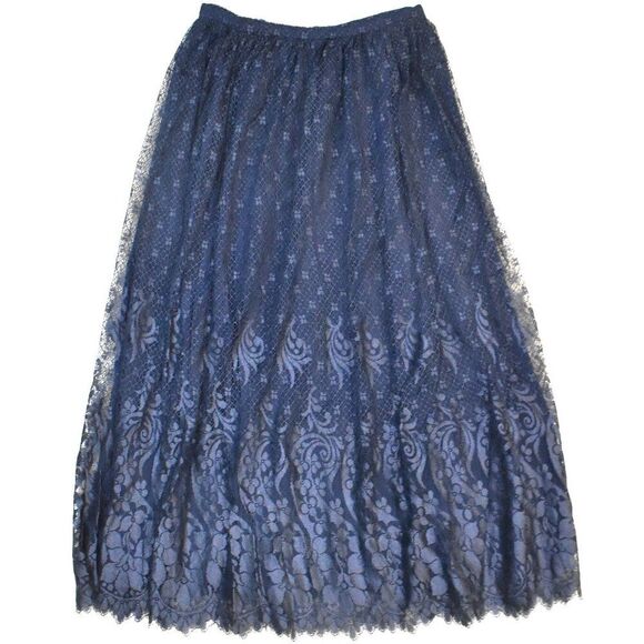 VTG Ellen Tracy Navy Blue Lace Maxi Skirt Sz 12 Lined Witchy Elegant Chic - Picture 1 of 12